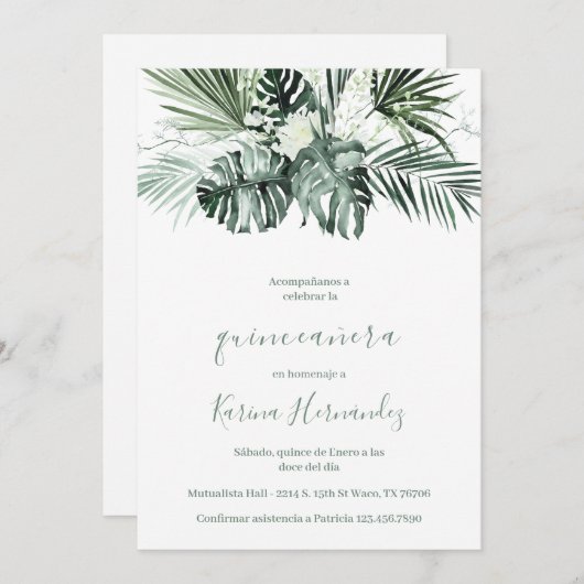 Groen quinceanera uitnodiging in het Spaans (Voorkant / Achterkant)