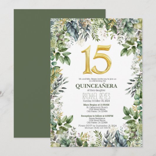 Groen Quinceañera Uitnodiging Sjabloon (Voorkant / Achterkant)