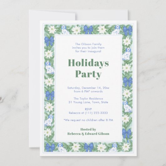 Groen Rand Blauw en Wit Feestdagen Party Kaart (Voorkant)