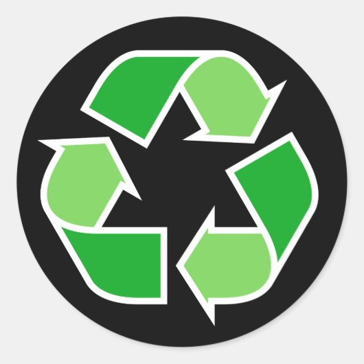 Groen recyclen recyclingsymbool op zwarte achtergr ronde sticker (Voorkant)