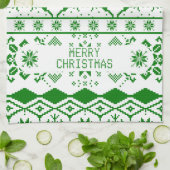 Groen rendier gebreid patroon witte achtergrond theedoek (Gevouwen)