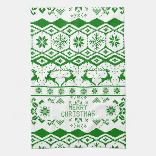 Groen rendier gebreid patroon witte achtergrond theedoek