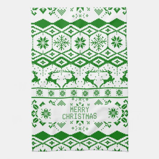Groen rendier gebreid patroon witte achtergrond theedoek (Verticaal)