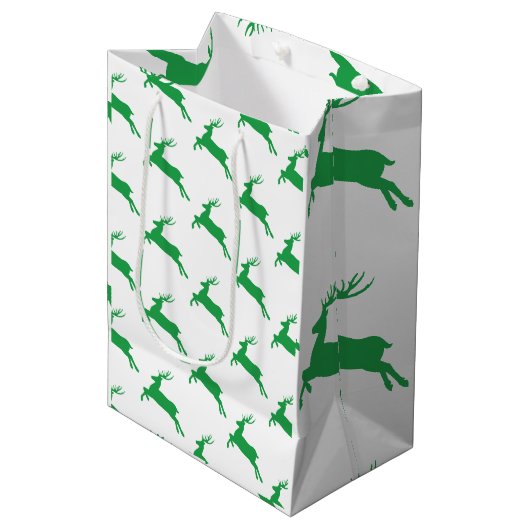 Groen rendier op wit patroon medium cadeauzakje (Voorkant Gekanteld)