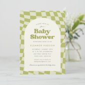 Groen Retro Groovy 70s dambord Baby shower Kaart (Staand voorkant)