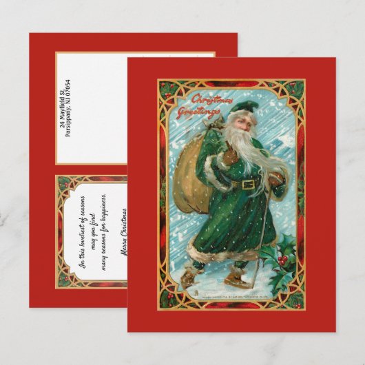  Groen-Robed Santa in Snow Briefkaart (Voorkant / Achterkant)