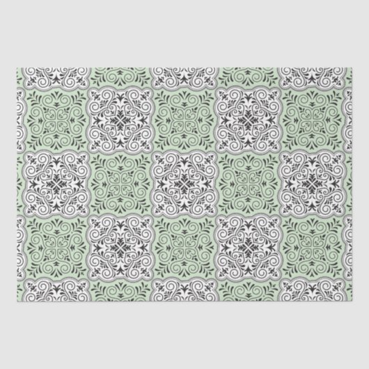 Groen Rococo Patroon Bloei Tissuepapier (Voorkant)