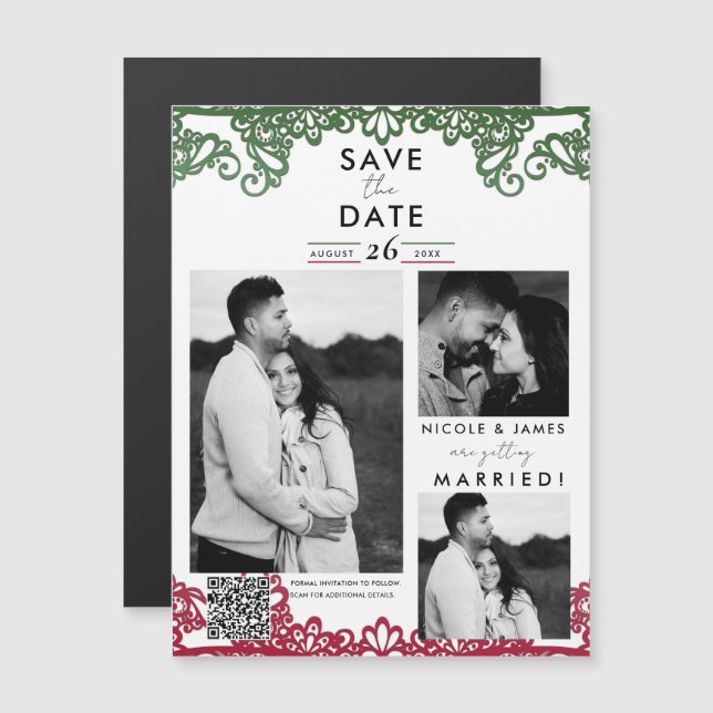 Groen & Rode kant Fiesta Wedding Save the Date (Voorkant / Achterkant)