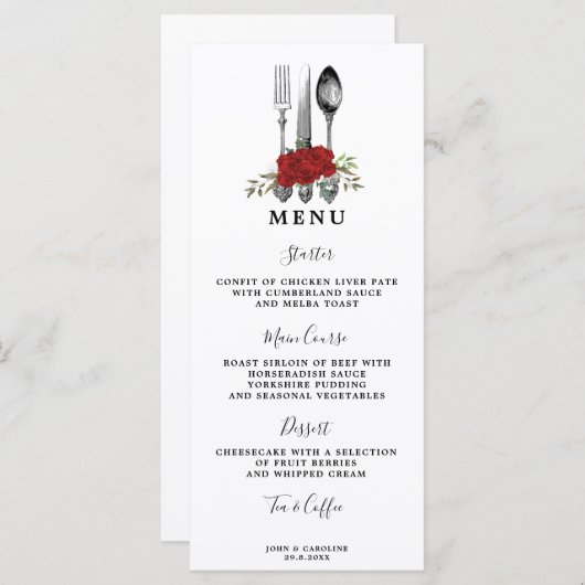 Groen Rode Rozen Bestek Trouwkaart Menu (Voorkant / Achterkant)