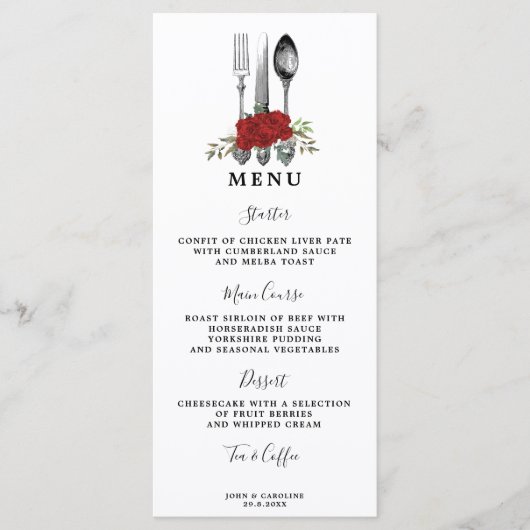Groen Rode Rozen Bestek Trouwkaart Menu (Voorkant)