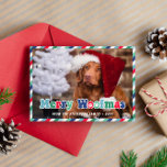 Groen Rood Blauw Retro Vrolijk Woofmas Hond Kerstm Feestdagenkaart<br><div class="desc">Hond thema Merry Christmas fotokaart met strepen in rood en wit en verschillende tinten groen en blauw samen met Merry Woofmas geschreven over een foto van uw hond in een retro groovy lettertype in rood,  blauw en groen.</div>