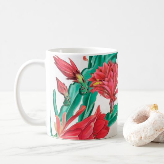Groen rood-bloeiend cactus patroon koffiemok (Met donut)