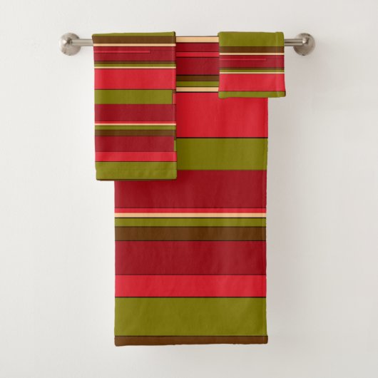Groen Rood Bruin Tan Stripes Patroon Badhanddoeken Bad Handdoek (Insitu)