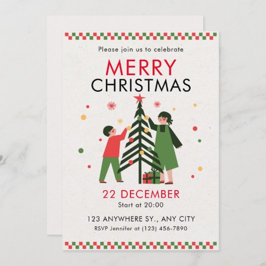 Groen Rood Eenvoudige Vrolijke Kerstuitnodiging Kaart (Voorkant / Achterkant)