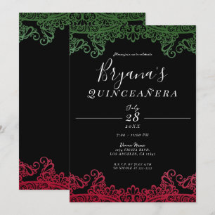 Groen & Rood Elegant Zwart 15de Quinceañera Feest Kaart