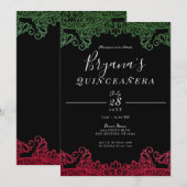 Groen & Rood Elegant Zwart 15e Quinceañera Party Kaart (Voorkant / Achterkant)
