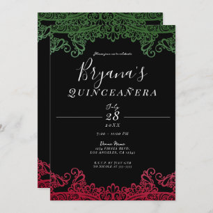 Groen & Rood Elegant Zwart 15e Quinceañera Party Kaart