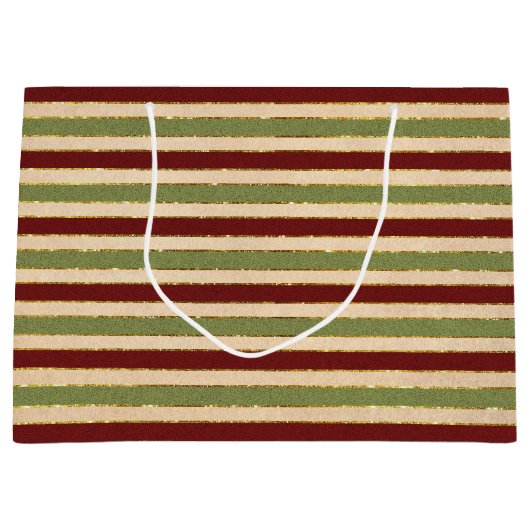 Groen, Rood en oude Folie Gestreept Kerstpatroon Groot Cadeauzakje (Voorkant)