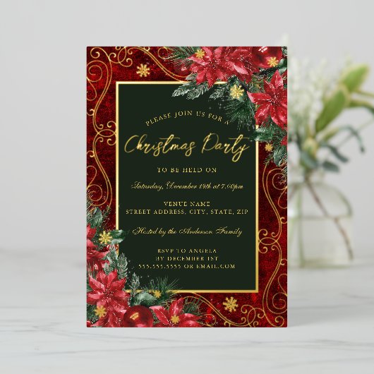Groen Rood Feestelijk Bloem Lijst Kerstfeest Folie Uitnodiging (Staand Voorkant)