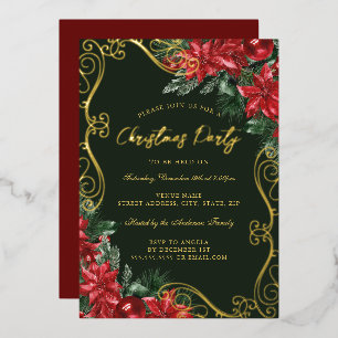 Groen Rood Feestelijke Bloemkolk Kerstfeest Folie Uitnodiging