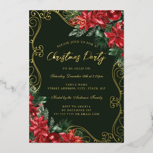 Groen Rood Feestelijke Bloemkolk Kerstfeest Folie Uitnodiging (Voorkant)