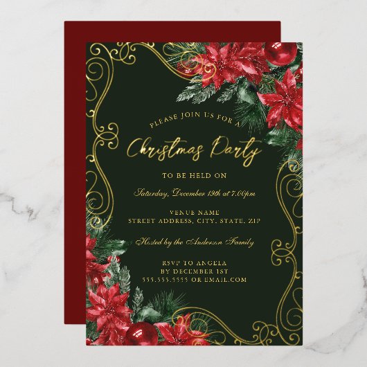 Groen Rood Feestelijke Bloemkolk Kerstfeest Folie Uitnodiging (Voorkant / Achterkant)