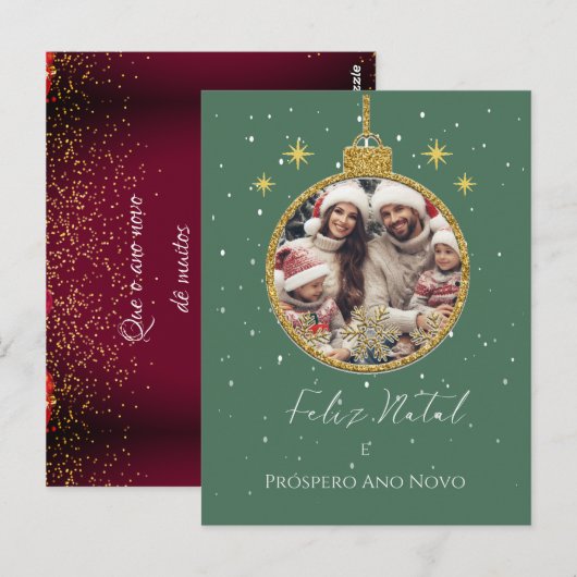 Groen & Rood Feliz Natal Foto Kerstmis Briefkaart (Voorkant / Achterkant)