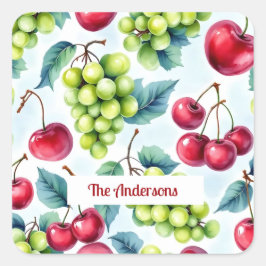 Groen Rood Fruit Druiven Kersen Elegant Patroon Vierkante Sticker