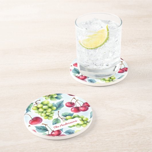 Groen Rood Fruit Voedsel Patroon Druiven Cherry Zandsteen Onderzetter (Zijkant)