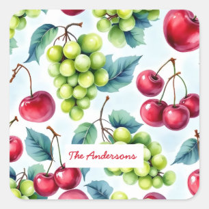 Groen Rood Fruit Voedsel Patroon Druiven Kers Vierkante Sticker