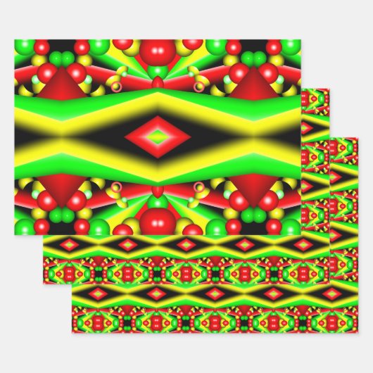 Groen Rood Geel Bubbels en Strepen Abstracte Kunst Inpakpapier Vel (Set)