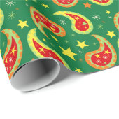 Groen, rood & geel Kerst Paisley ster patroon Cadeaupapier (Rol Hoek)