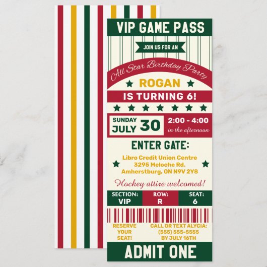 Groen, rood, geel sportteam Ticket Birthday Party Kaart (Voorkant / Achterkant)