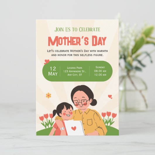 Groen Rood Geïllustreerde Moederdag Uitnodigen Kaart (Staand voorkant)
