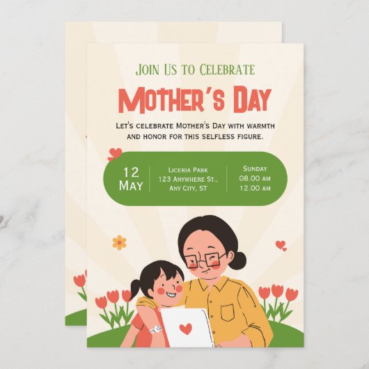 Groen Rood Geïllustreerde Moederdag Uitnodigen Kaart (Voorkant / Achterkant)