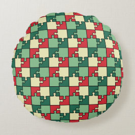 Groen Rood Geometrisch Puzzel Pieces Patroon Rond Kussen