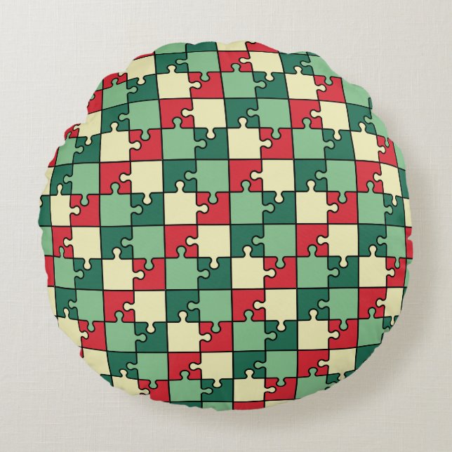 Groen Rood Geometrisch Puzzel Pieces Patroon Rond Kussen (Voorkant)