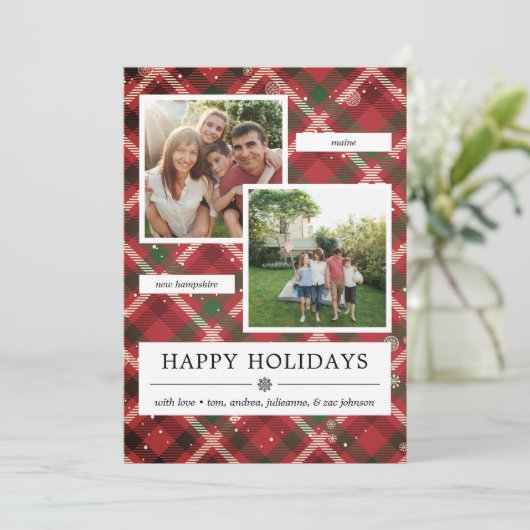 Groen rood geruit 2 foto's feestdagenkaart (Staand voorkant)