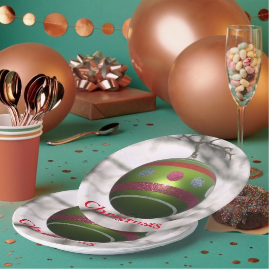 Groen Rood Gestreepte Ornamenten Bal Papieren Bordje (Multi)