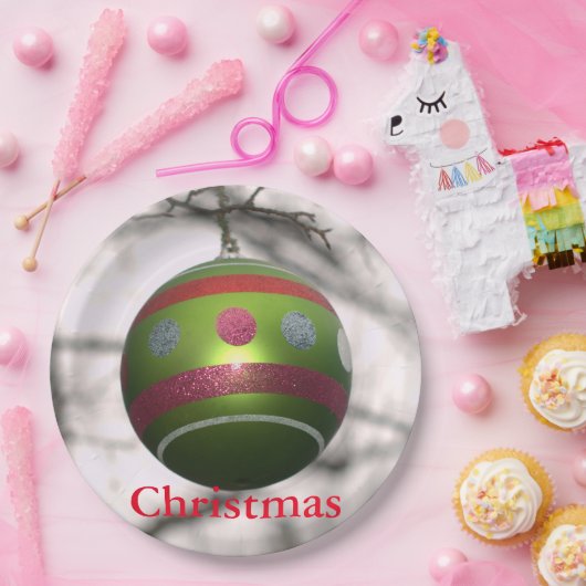 Groen Rood Gestreepte Ornamenten Bal Papieren Bordje (Feest)