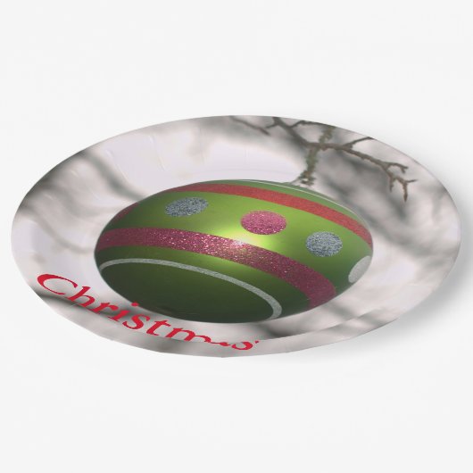Groen Rood Gestreepte Ornamenten Bal Papieren Bordje (Gekanteld)