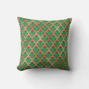Groen Rood Goud Art Deco Vantpatroon Kussen