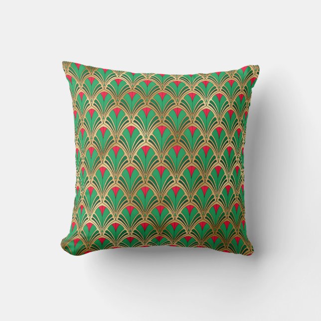 Groen Rood Goud Art Deco Vantpatroon Kussen (Voorkant)