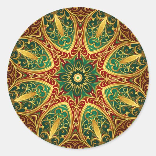 Groen Rood Goud Decoratieve Kerstvakantie Ronde Sticker (Voorkant)