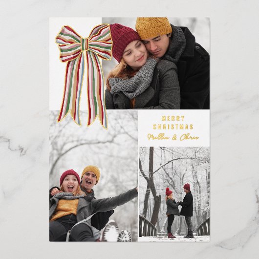 Groen Rood Goud Gestreepte Boog Vrolijke Kerstfoto Folie Feestdagenkaart (Voorkant)