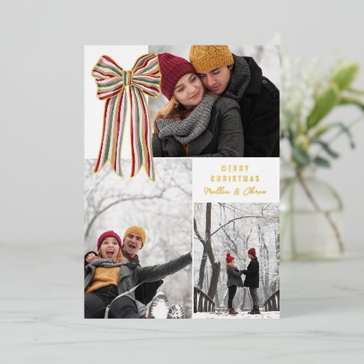 Groen Rood Goud Gestreepte Boog Vrolijke Kerstfoto Folie Feestdagenkaart (Staand Voorkant)