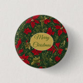 Groen Rood Goud, Holly en Amaryllis Kerstmis Ronde Button 3,2 Cm (Voorkant)