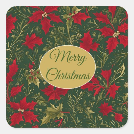Groen Rood Goud, Holly en Amaryllis Kerstmis Vierkante Sticker (Voorkant)