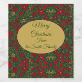 Groen Rood Goud, Hulst en Amaryllis Kerstmis Wijn Etiket (Enkel label)