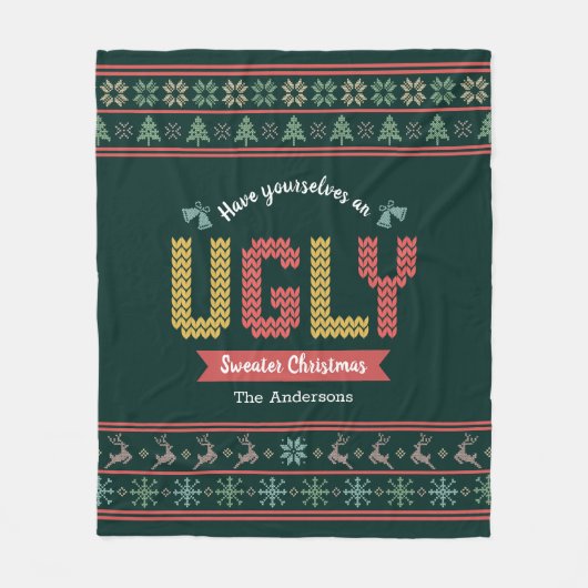 Groen Rood Goud Lelijke Kersttrui Nordic Knit Fleece Deken (Voorkant)